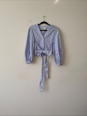 H&M Pale Blue Striped Tie-Front Blouse